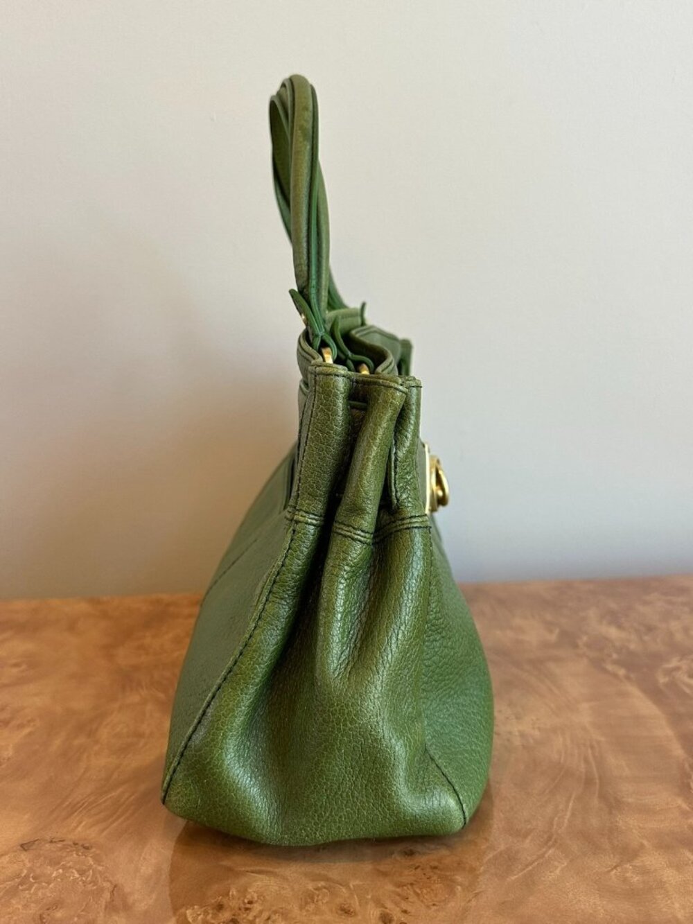 Cole Haan Green Pebbled Leather Satchel Turnlock Top Handle Bag Classic - Picture 4 of 9